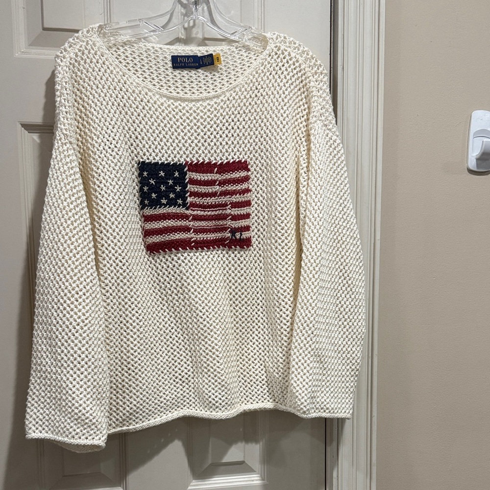 Polo Ralph Lauren Cream Open Stitch Sweater with Flag Design